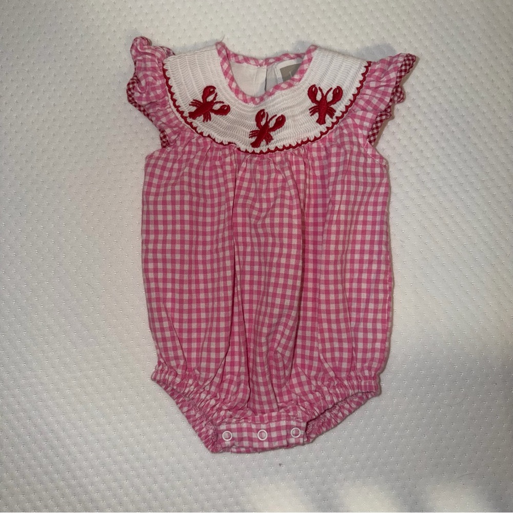 Pink Gingham Baby Bubble Romper with Embroidered Lobster Collar